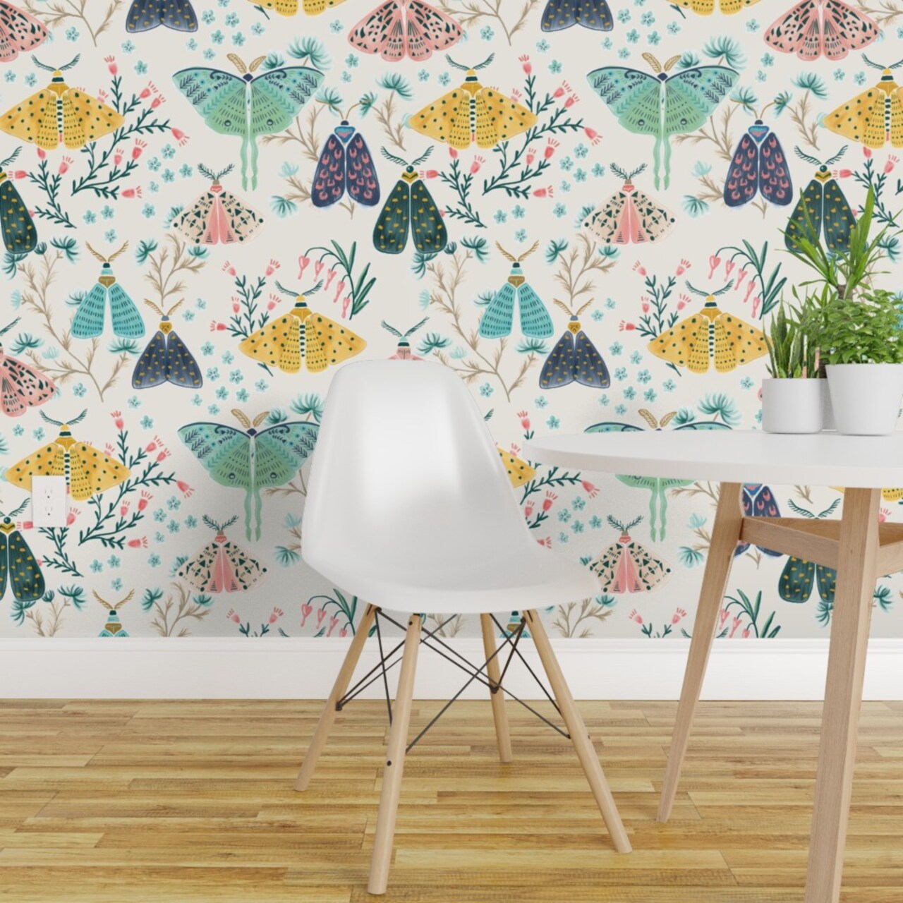 Pre-Pasted Wallpaper 2FT Wide Hand Painted Moths Gouache Butterflies Blush Pink Blue Navy Yellow Insect Wings Garden Flowers Pastel Custom Pre-pasted Wallpaper by Spoonflower